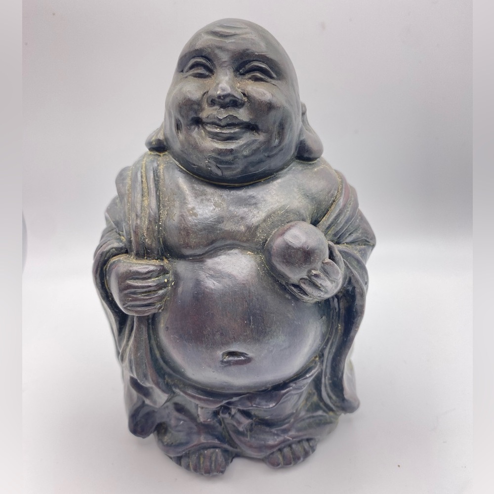 Smiling Chinese Buddha Holding Peach Stone Staue Figurine
